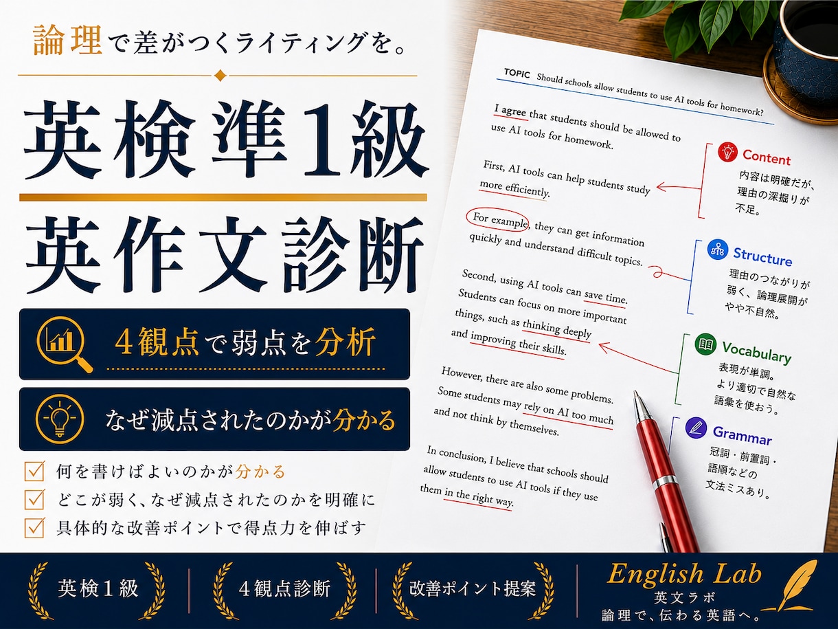 英作文診断｜英検準1級 4観点で弱点分析します あなたの弱点を明確に分析します イメージ1