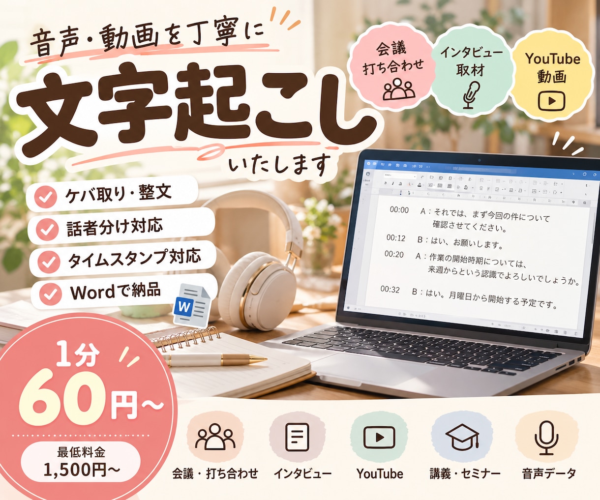 文字起こしを丁寧に承ります 会議・インタビュー・動画などの文字起こし イメージ1