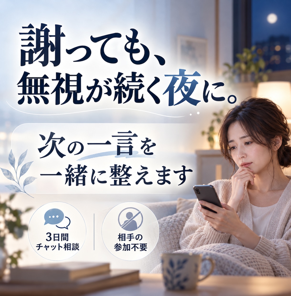 謝っても無視が続く夜、次の一言を一緒に整えます 送る・待つ・話しかける。今夜の次の動きを一緒に決めます イメージ1