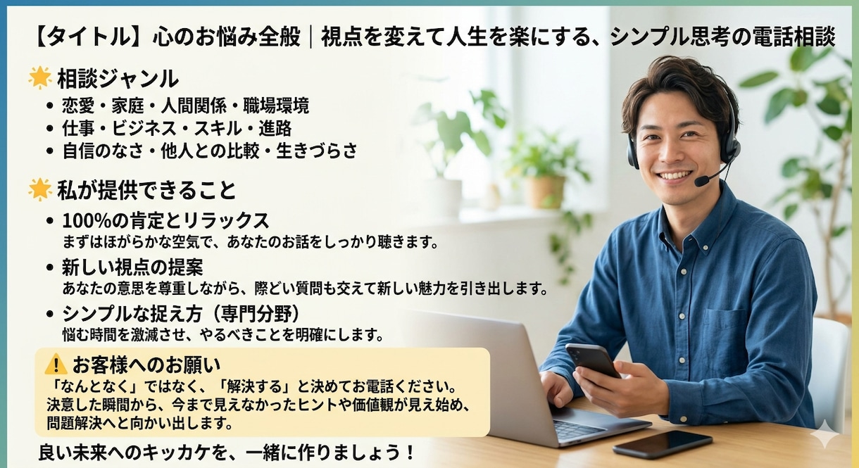 慢性的心のお悩み全般｜視点を変えて人生を楽にします シンプル思考の電話相談で明日を切り開く イメージ1