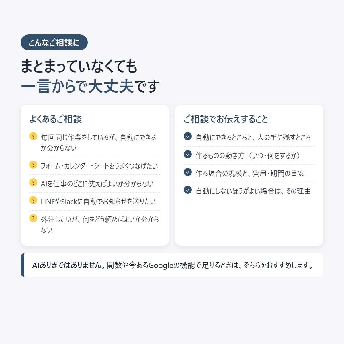 GoogleとAIで業務を自動化する相談に乗ります やりたいことを整理して、作るものと費用をお伝え イメージ2