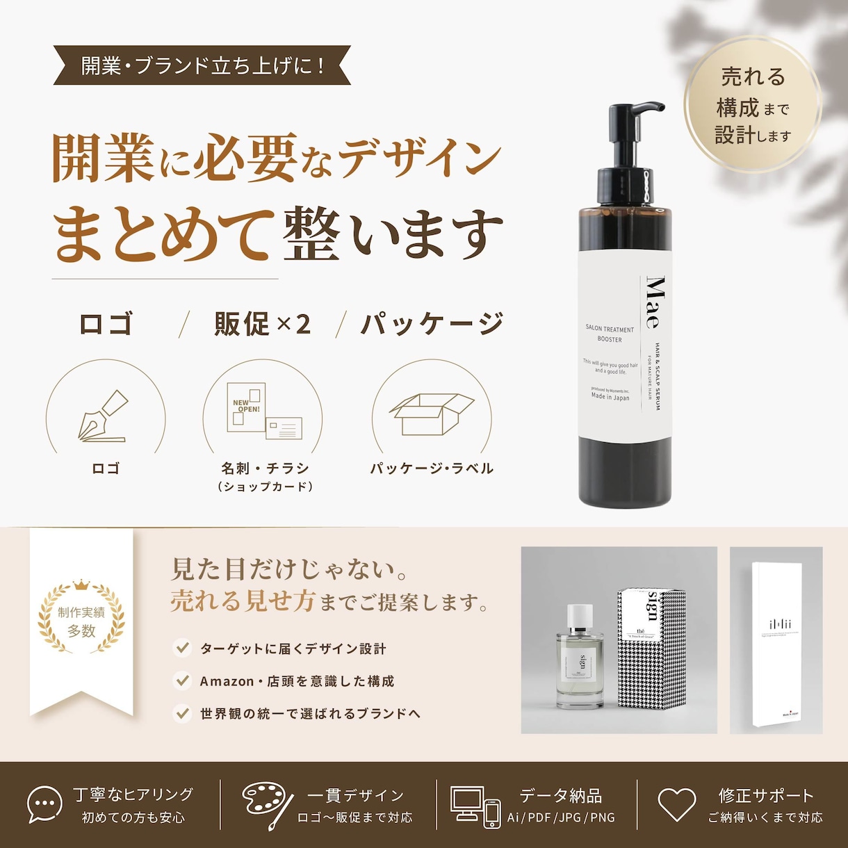 開業に必要なデザインをまとめて整えます ロゴ・名刺・チラシ・パッケージをまとめて作成します イメージ1
