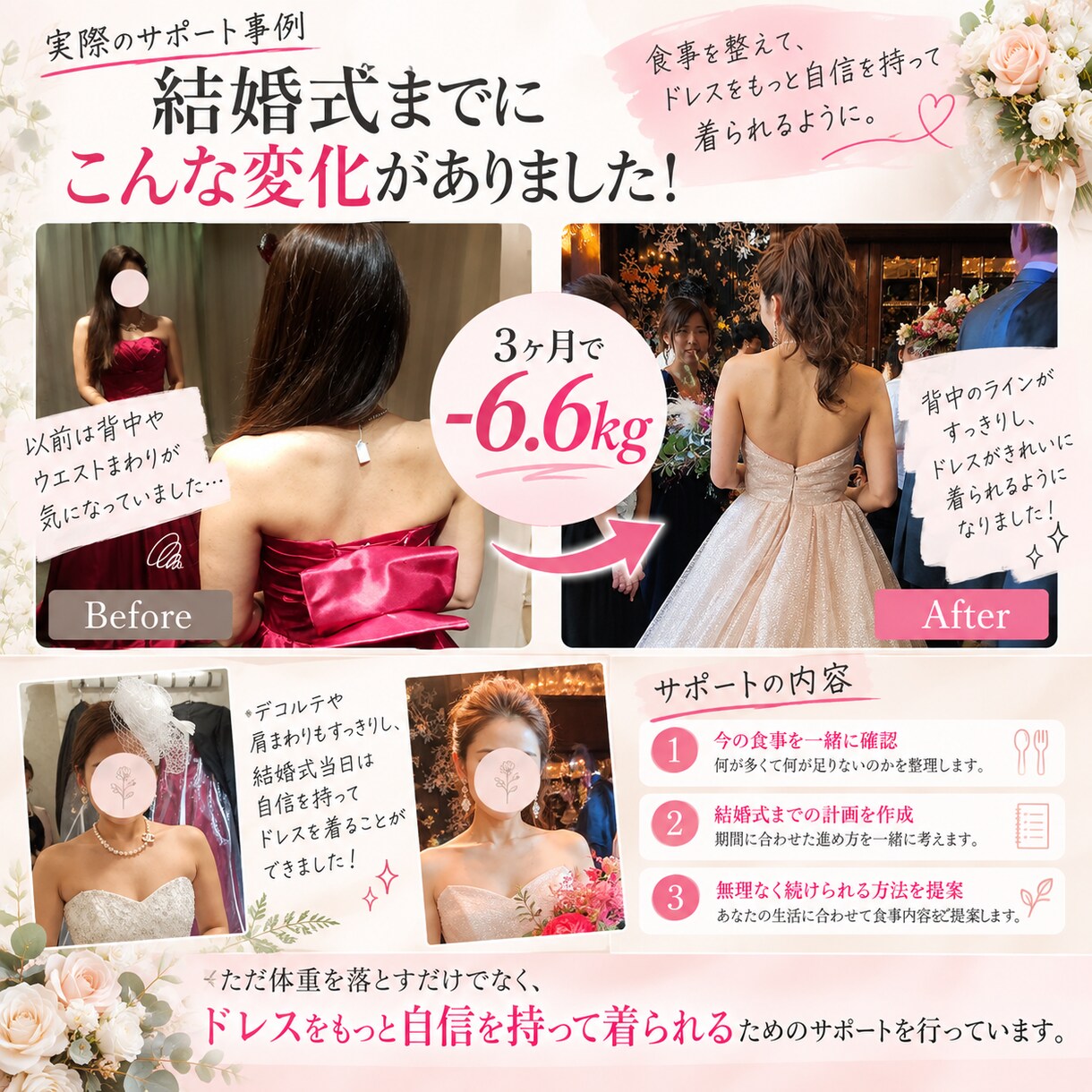 結婚式までのダイエット・食事相談に乗ります 花嫁さんの食事を整理し式までの進め方を一緒に考えます イメージ2