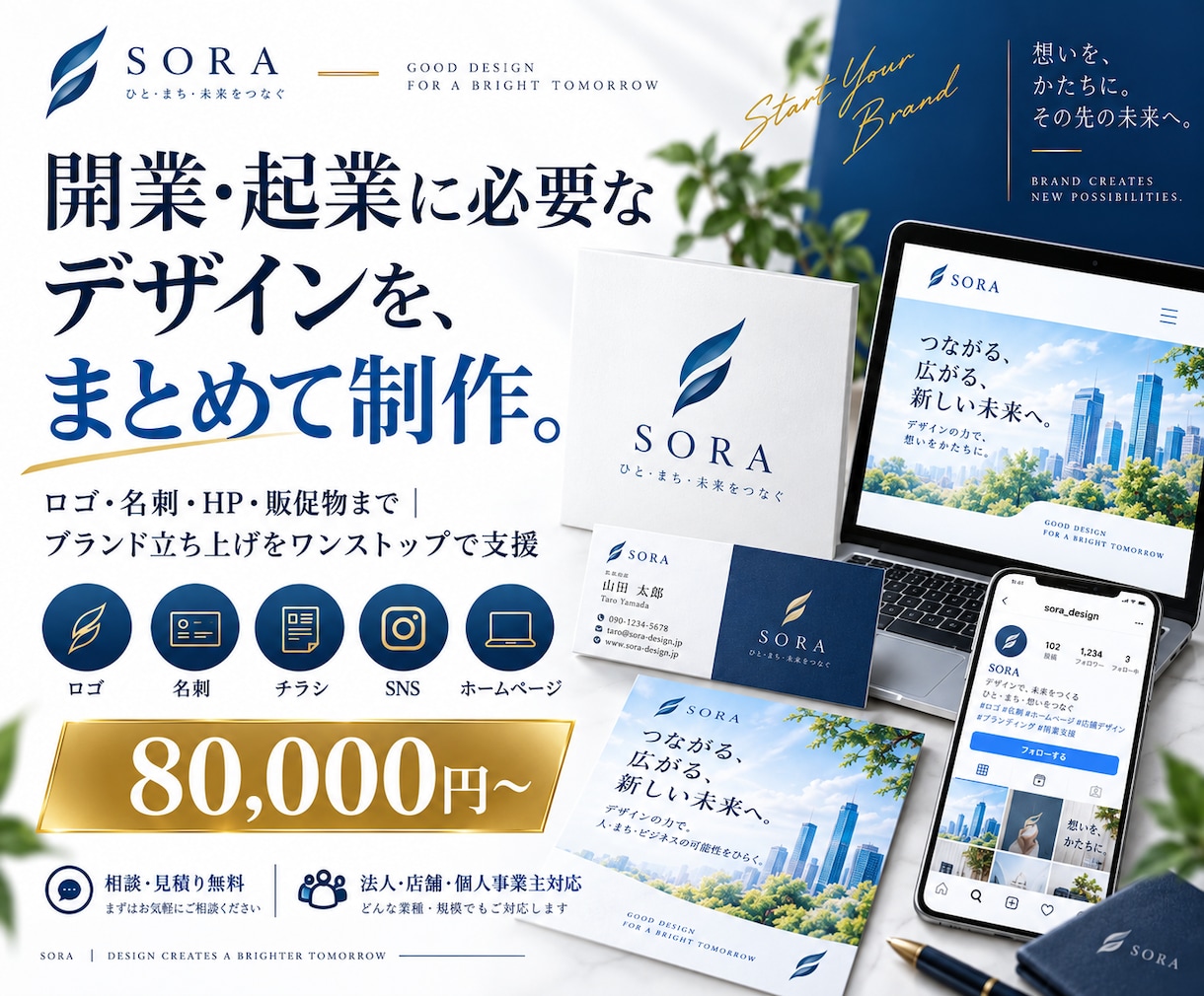 開業・起業に必要なデザインをまとめて制作します ロゴ・名刺・HP・チラシ・SNS｜ブランド立上げワンストップ イメージ1