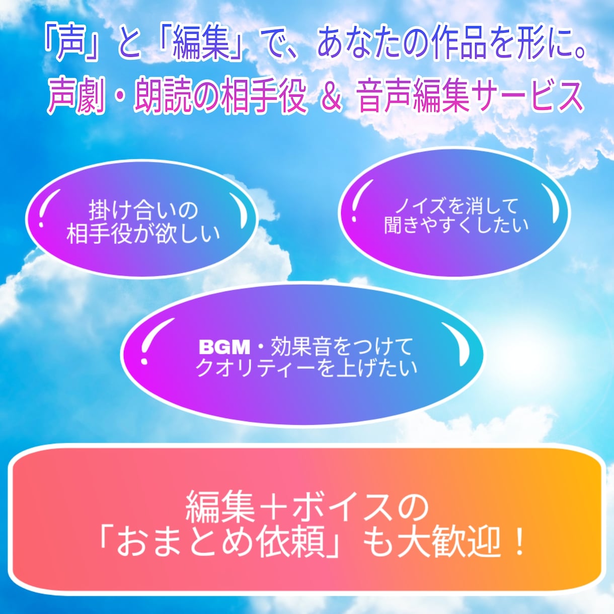 声劇・ボイスドラマの音声編集承ります 実績作りのため期間限定価格でのご提供！雰囲気作り大切にします イメージ1