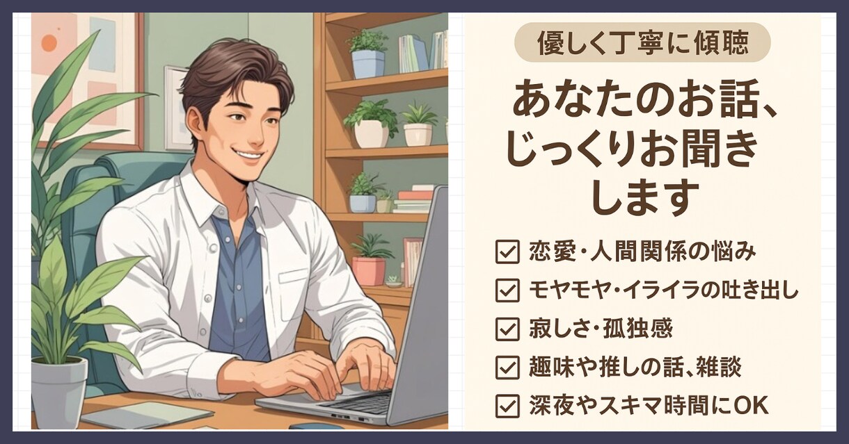 優しく丁寧に傾聴。あなたのお話じっくりお聞きします 話すのが苦手な方でも大丈夫。話すことでスッキリしませんか？ イメージ1