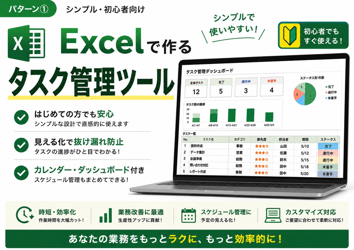 進捗が見えるExcelタスク管理を作成します 入力するだけで進捗を見える化できます イメージ1