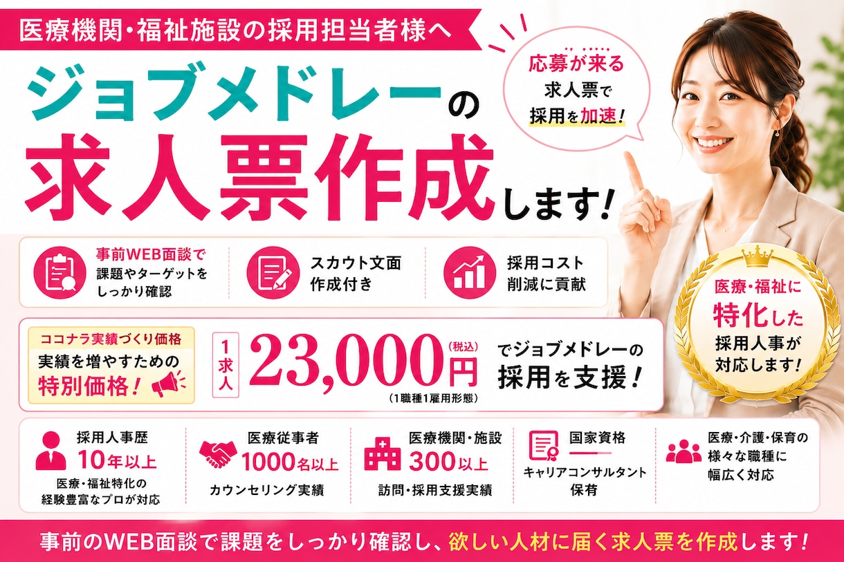 7月末迄の特別価格！ジョブメドレー求人を作成します 医療福祉特化／事前面談付◎サムネ画像作成有り◎の手厚い支援！ イメージ1