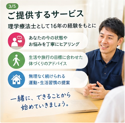 末長く旅行を楽しむための足腰づくりをサポートします これからも行きたい場所へ自分の足で気軽に出かけたい方のために イメージ3