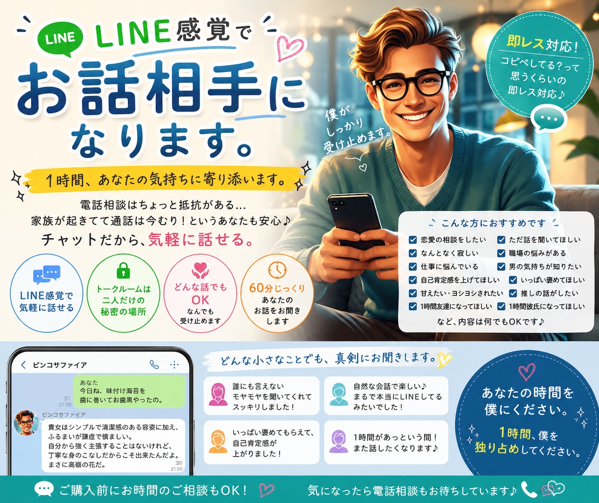 LINE感覚で♡お話し相手になります 60分集中☆即レス対応☆僕を独り占めしてください イメージ1