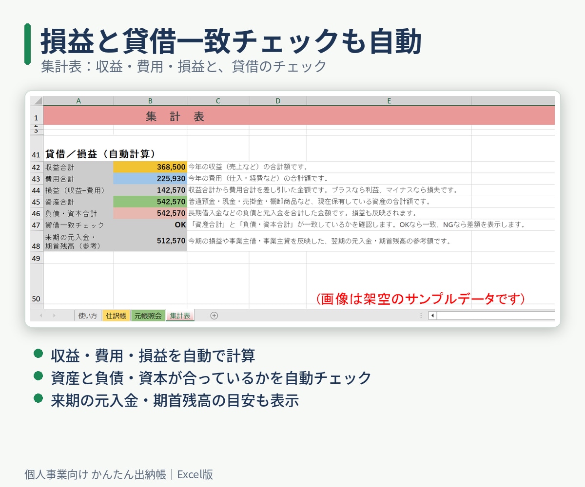 個人事業向け出納帳Excelを提供します Googleアカウント不要。1行入力で元帳・集計表が自動完成 イメージ4