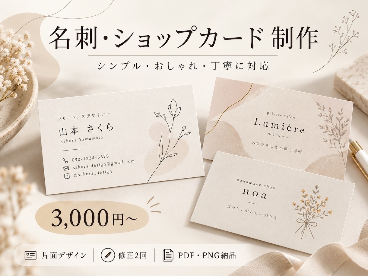 おしゃれな名刺・ショップカードを制作します シンプル・上品・かわいいなど、ご希望に合わせて丁寧に制作♪ イメージ1