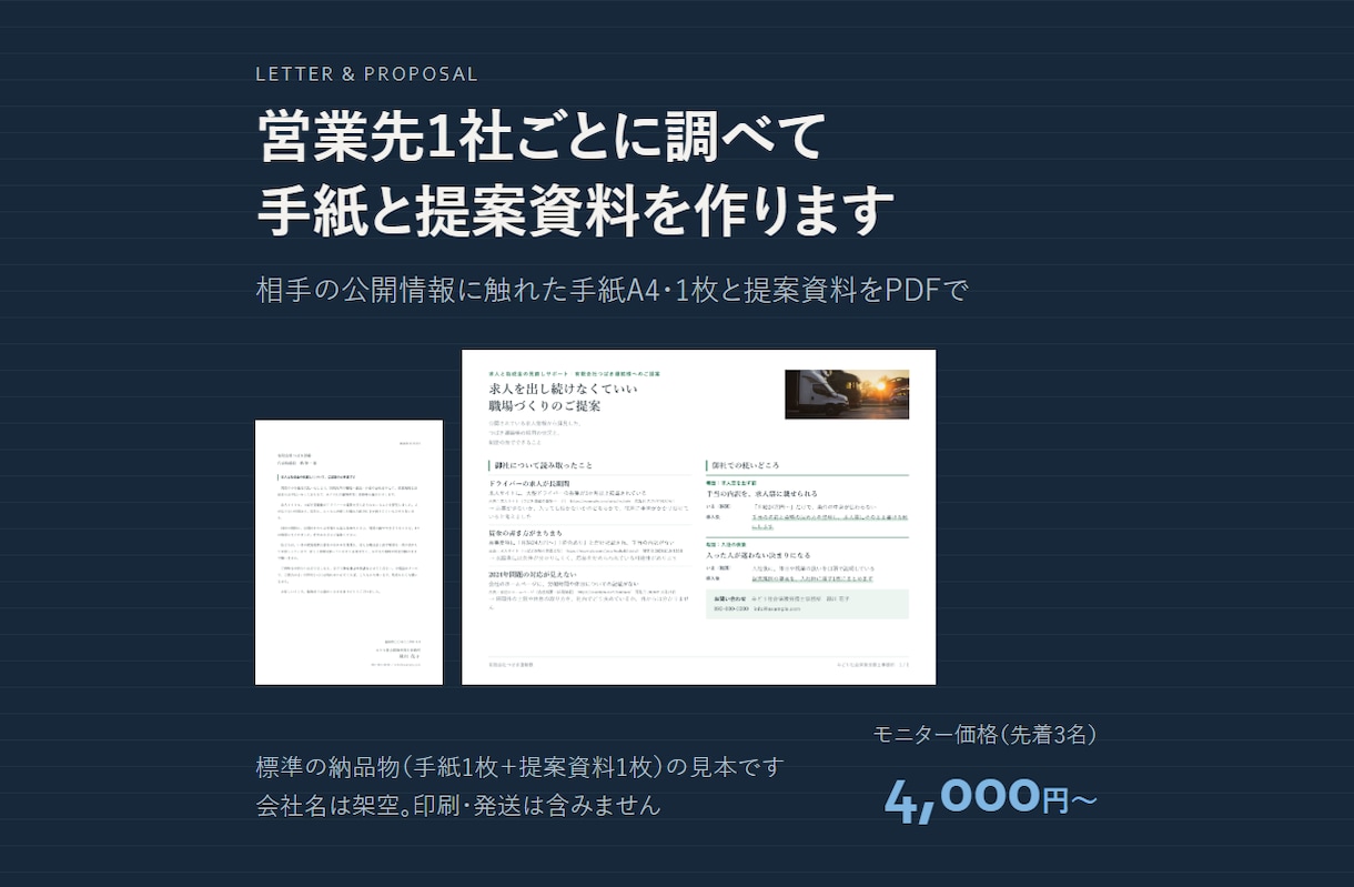 営業先1社ごとに調べて手紙と提案資料を作ります 手紙A4・1枚と提案資料。相手の公開情報に合わせて書きます イメージ1