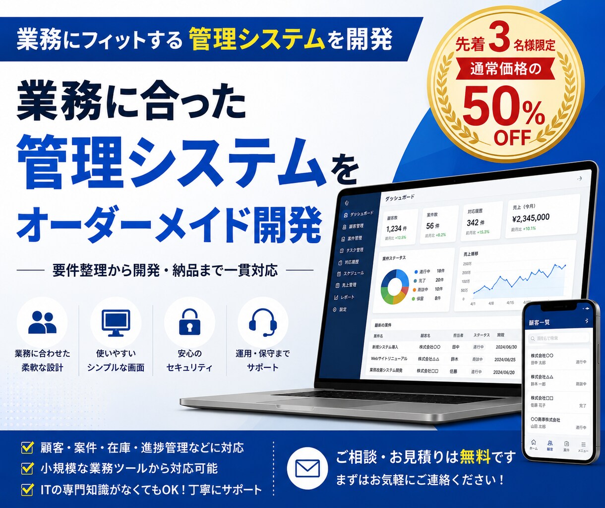 フルオーダーメイドで業務システムを開発します IT知識不問・要件が固まってなくてもOK！ イメージ1