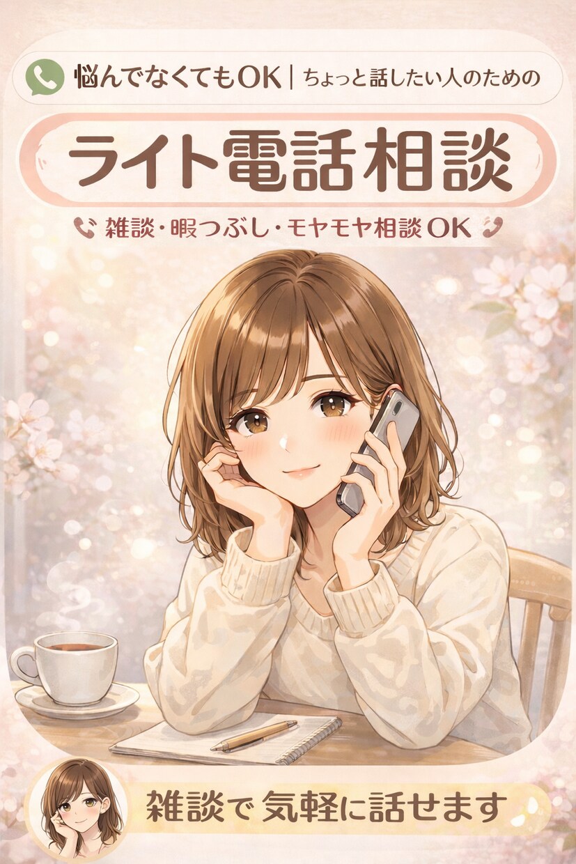 ちょっと話したい人のための電話相談します 雑談・暇つぶし・モヤモヤ整理など、気軽に話せる相談です。 イメージ1
