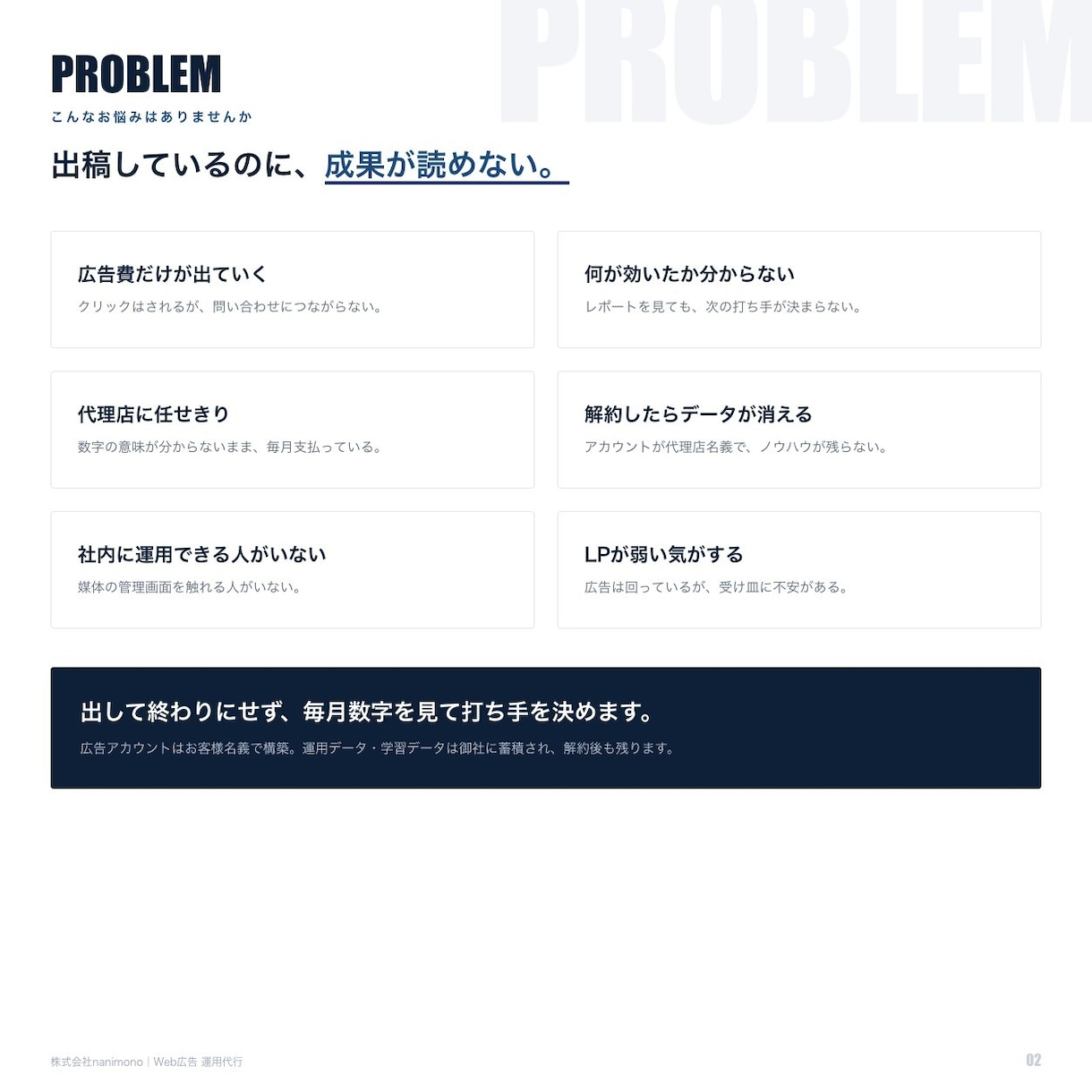 Web広告の運用を毎月代行します 数字を見て打ち手を決める／アカウントはお客様名義で構築 イメージ2