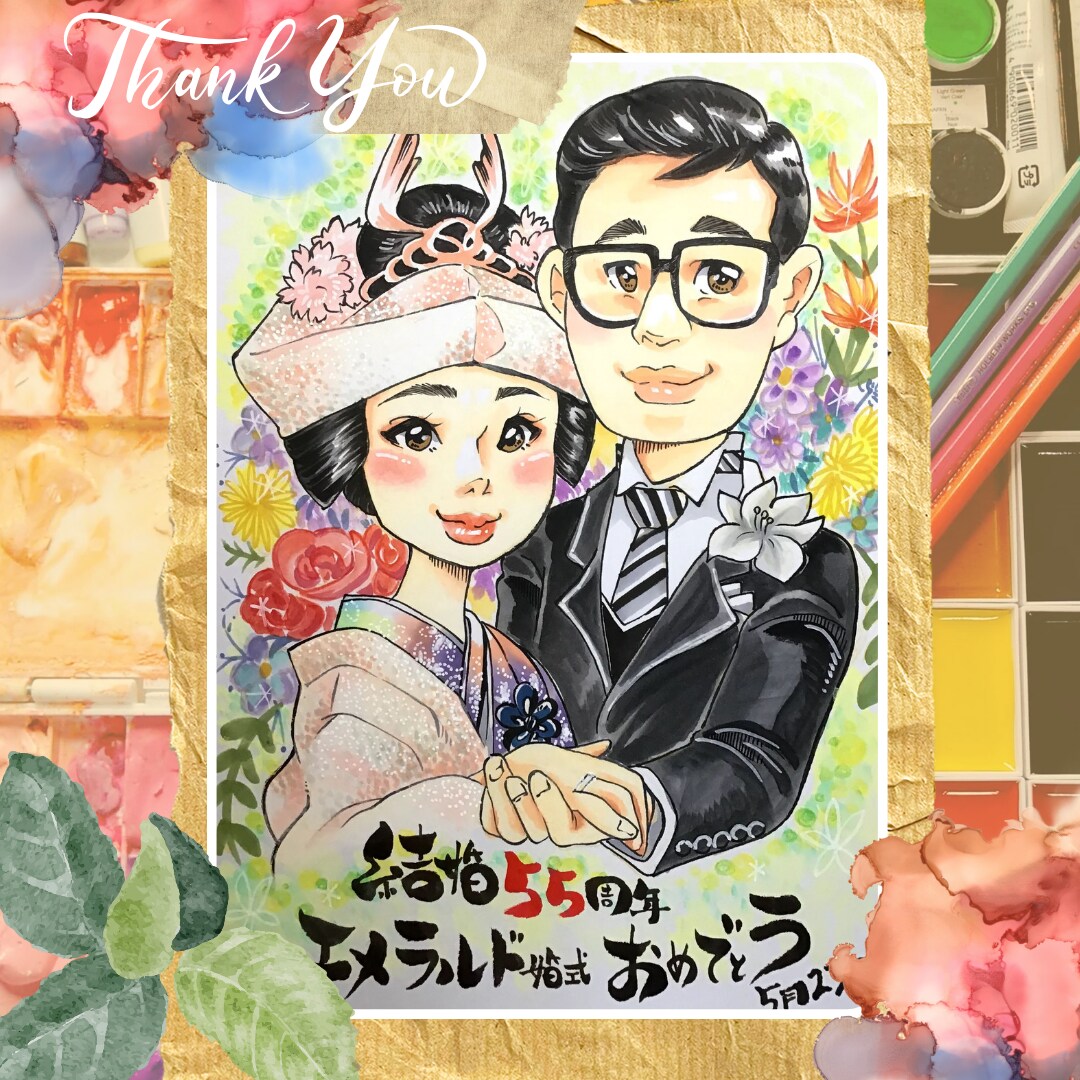 A3サイズ【額付き】ウエディング用似顔絵描きます お二人の記念になるウエディング姿で似顔絵を描きます イメージ4
