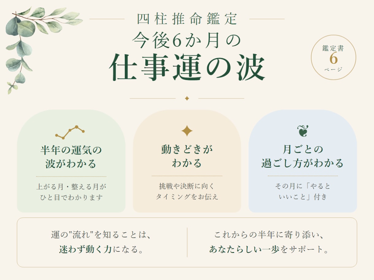 仕事の迷いに｜今後６か月の仕事運を読み解きます 月ごとの運を活かす！動く時期、整える時期がわかる仕事運鑑定 イメージ2