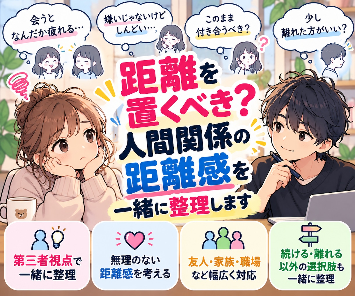 距離を置くべき？人間関係の距離感を一緒に整理します 離れる？付き合う？一緒に整理します イメージ1