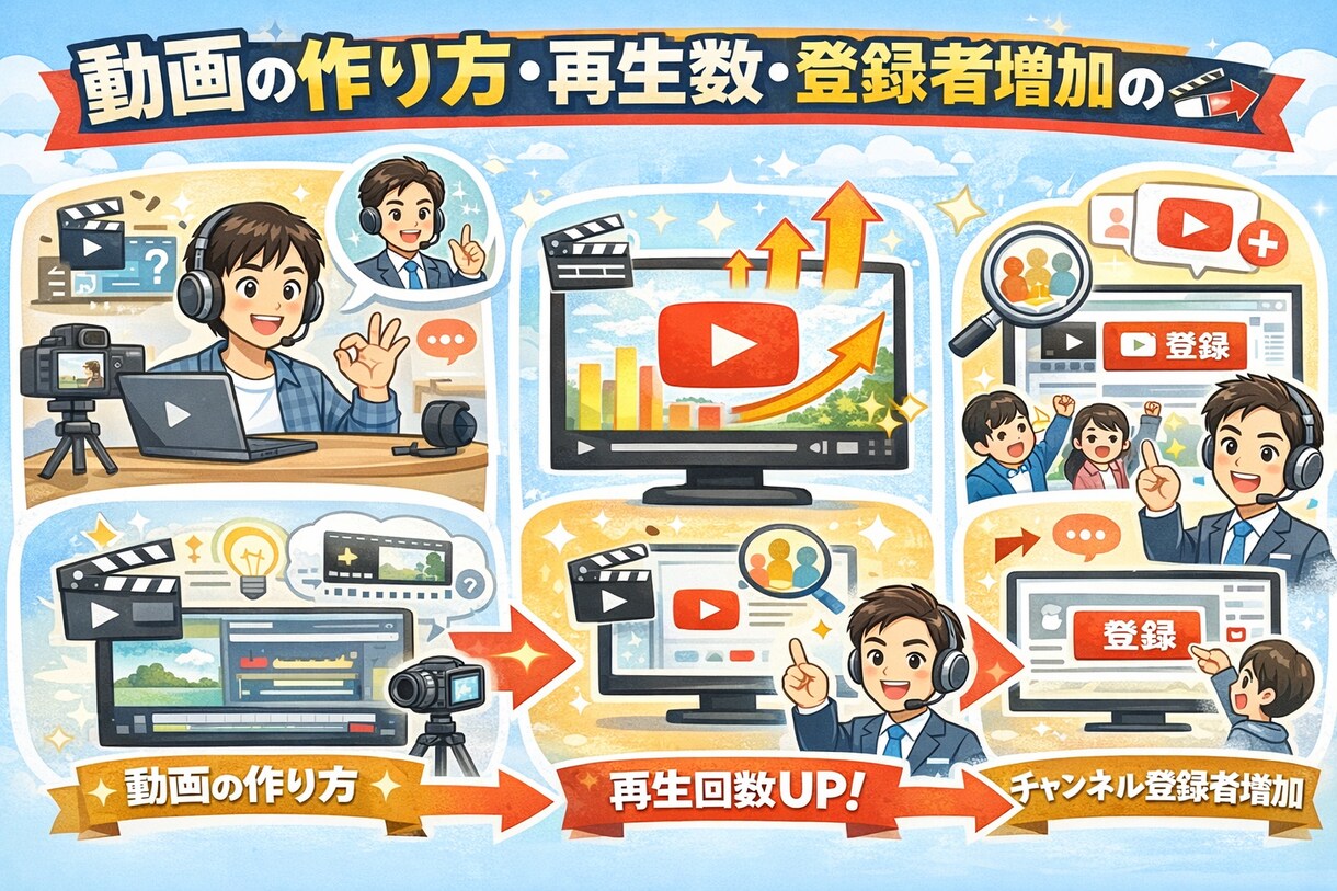 動画の作り方、再生数、登録者数増加をお手伝います まずはスモールステップで確実にニーズにあった動画投稿！ イメージ1