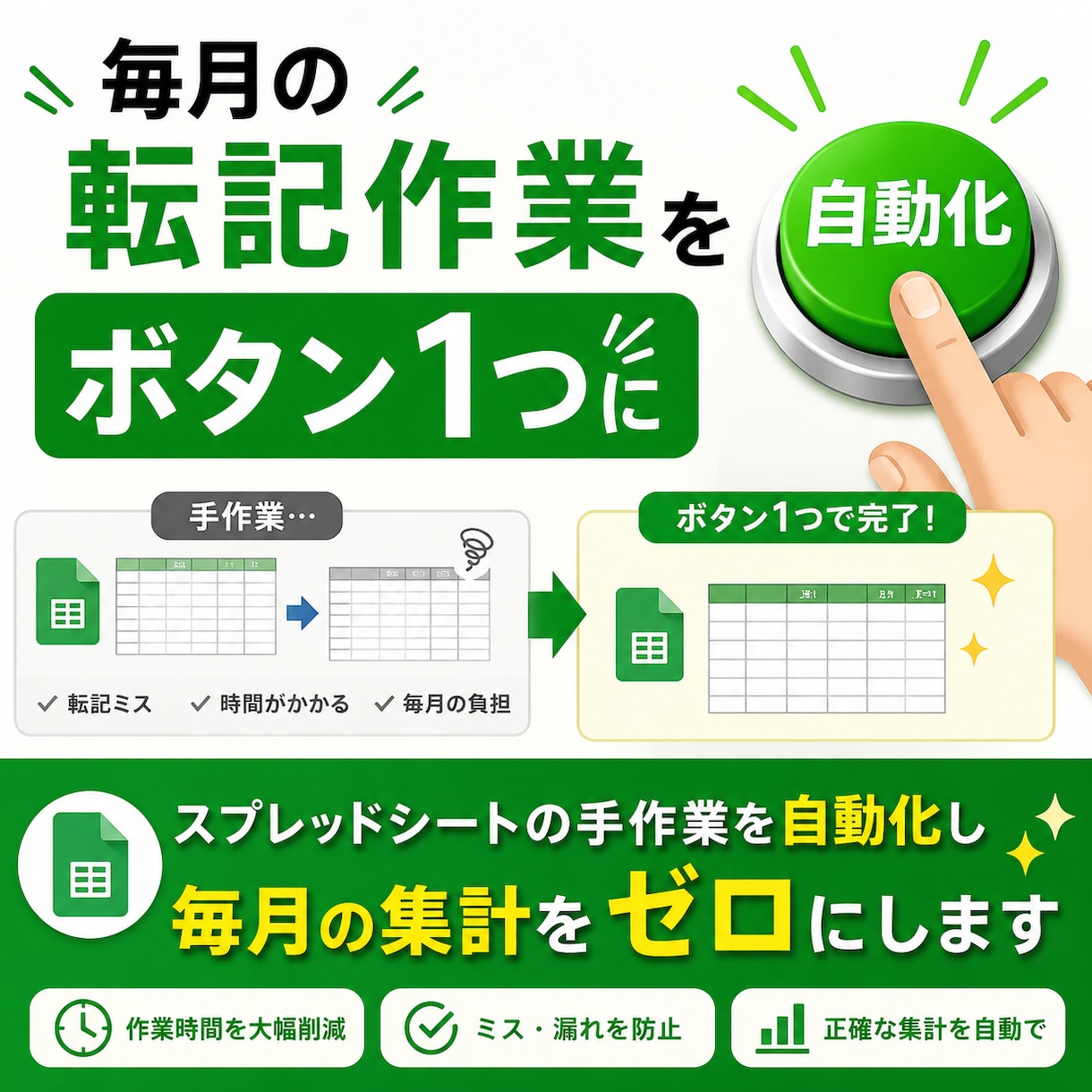 手作業を自動化し毎月の集計をゼロにします 毎月の転記作業を自動化し、集計の手間をなくします イメージ1