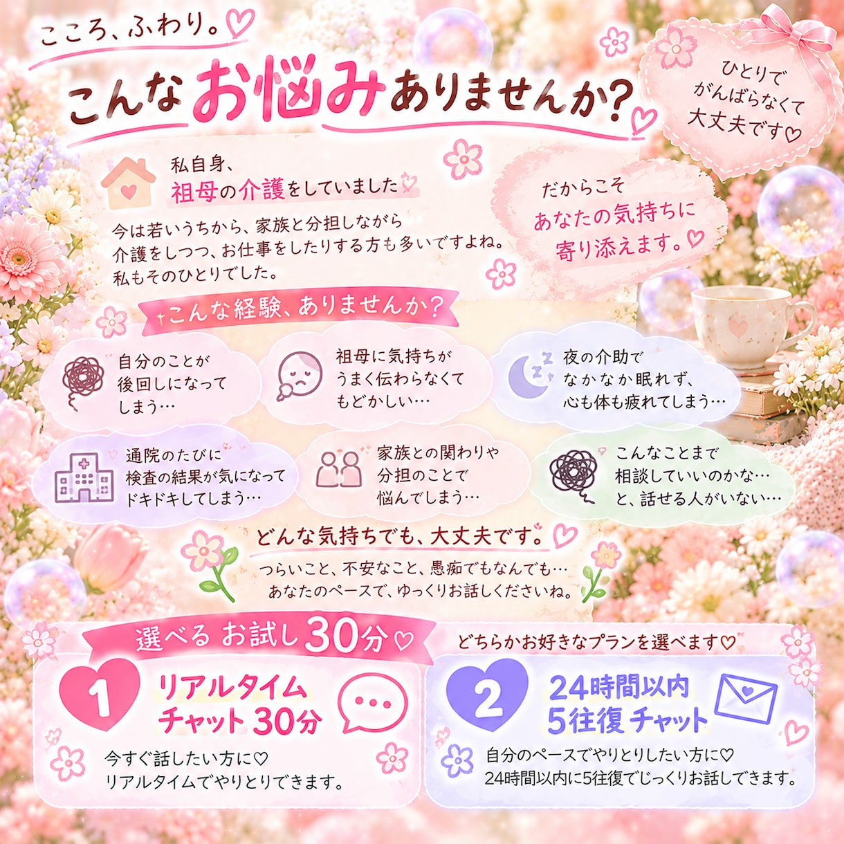 若くして介護を頑張るあなたへお話お聞きします 介護の疲れ・家族の悩み・誰にも言えない本音、聞かせてください イメージ2