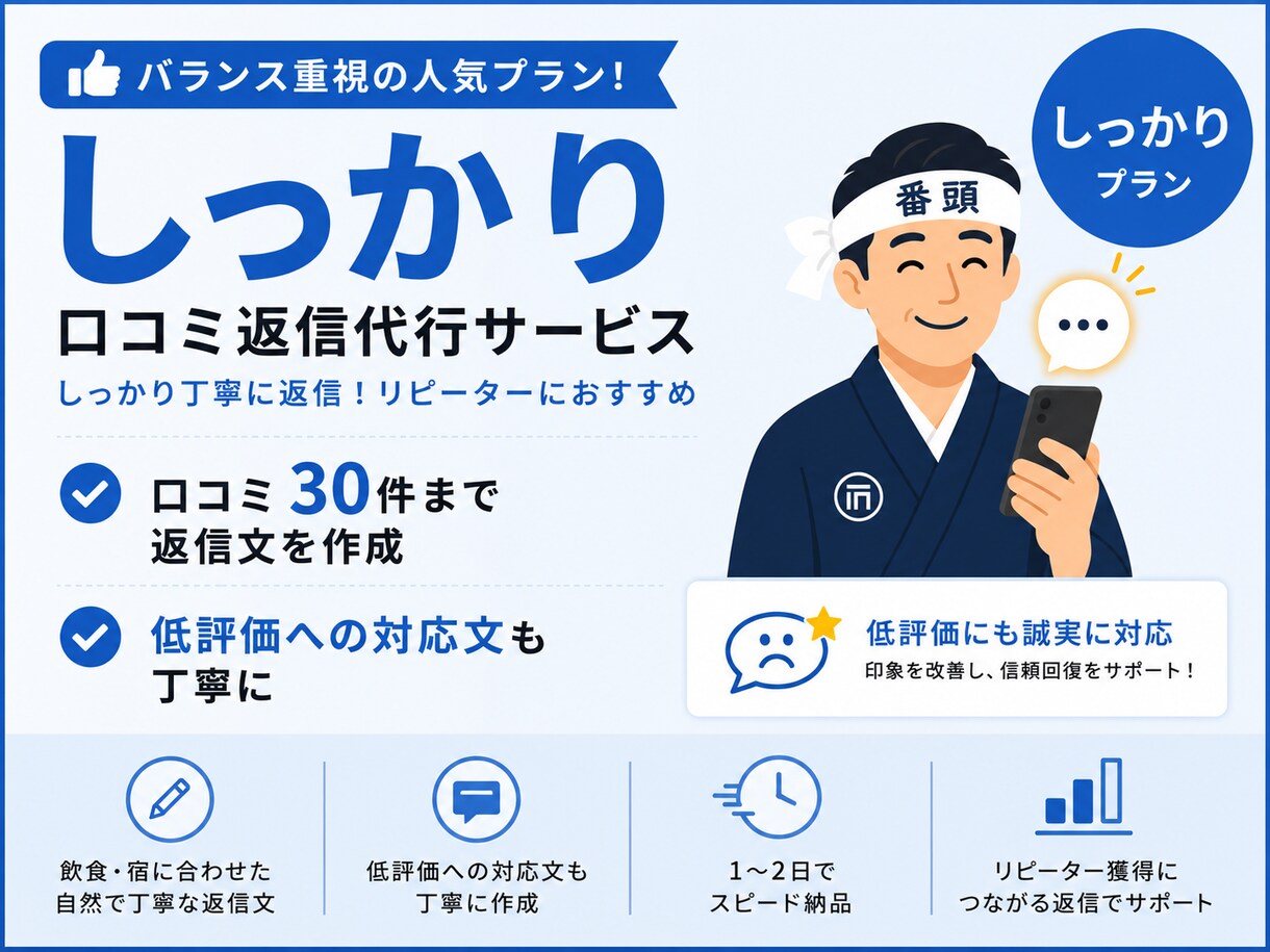 Google口コミ返信代行｜飲食店・宿に特化します Googleの口コミ返信、現場を知る番頭がお預かりします イメージ1