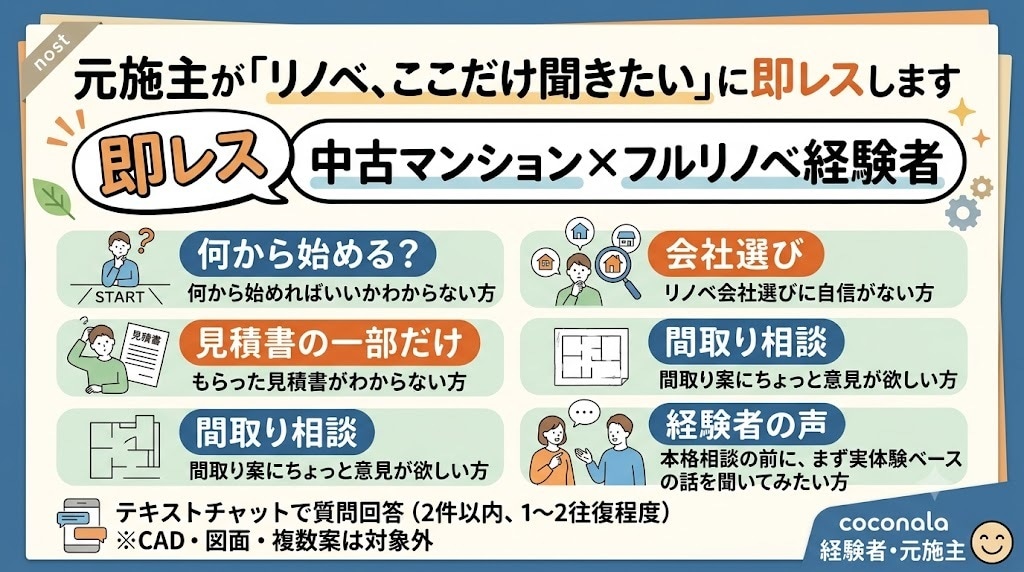中古マンションのリノベ、元施主が即レスします 中古マンション×フルリノベ経験者が、気軽に相談に乗ります イメージ2