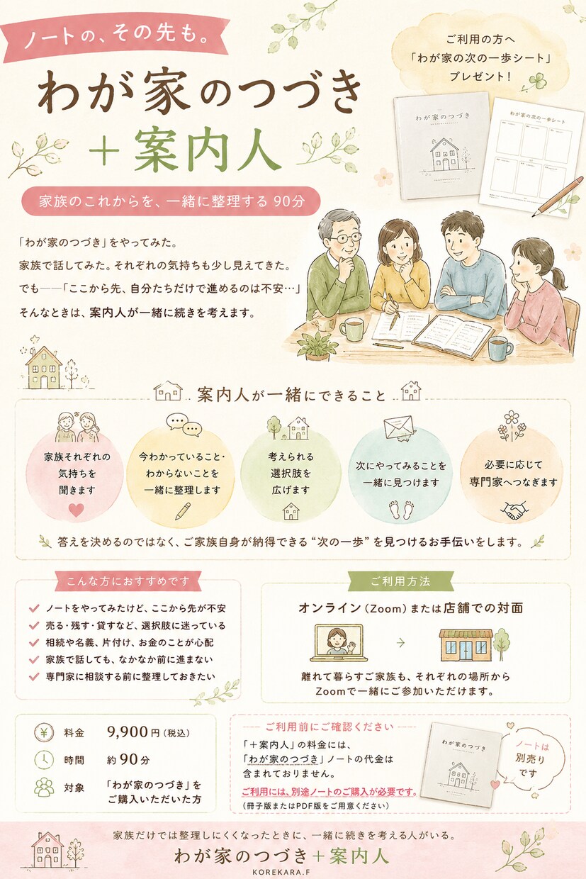 家と家族のこれからをオンラインで一緒に整理します わが家のつづきを使って気持ちと次の一歩を一緒に見つけます イメージ1