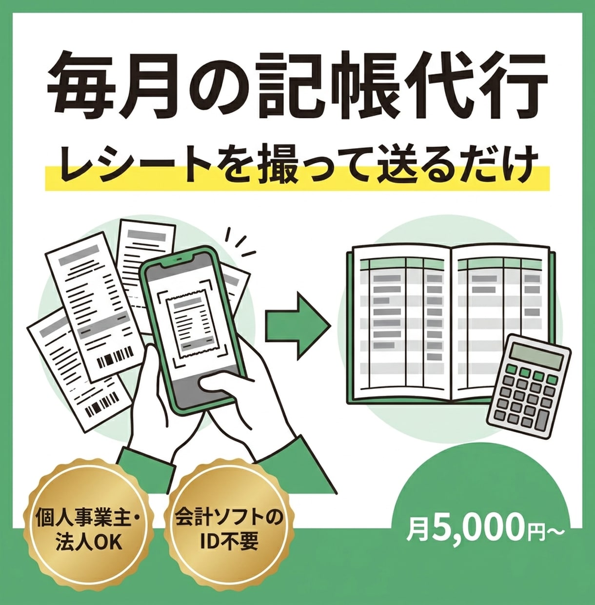 元銀行員が個人事業主・法人の毎月の記帳を代行します レシートを撮って送るだけ。帳簿づけは丸ごとお任せ イメージ1