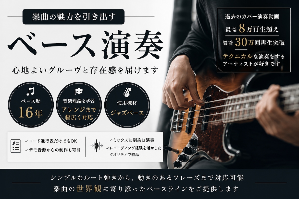 楽曲に合わせたベースライン制作承ります グルーブ感、安定感のあるベース演奏をお求めの方へ イメージ1