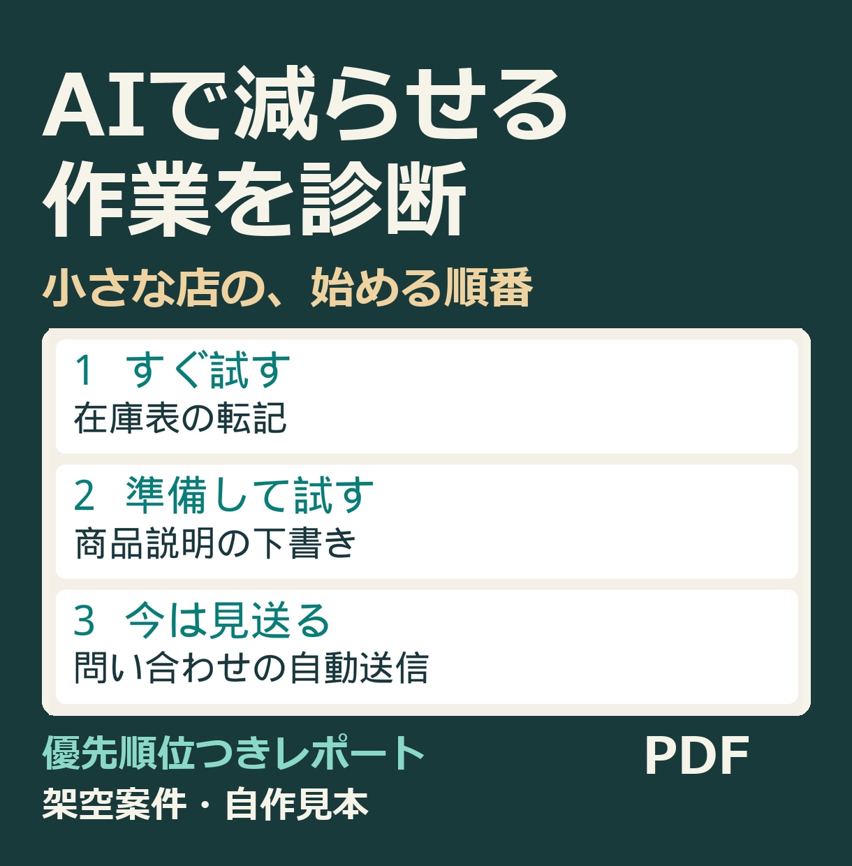 AIで減らせる作業を診断しレポートにします 質問シートに答えるだけ。優先順位つきのPDFで イメージ1
