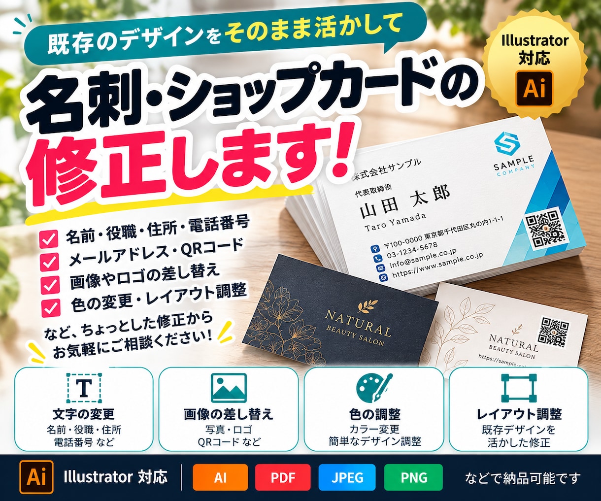 名刺・ショップカードの修正や変更を承ります 名前・役職・TELなど、ちょっとした変更から対応します！ イメージ1