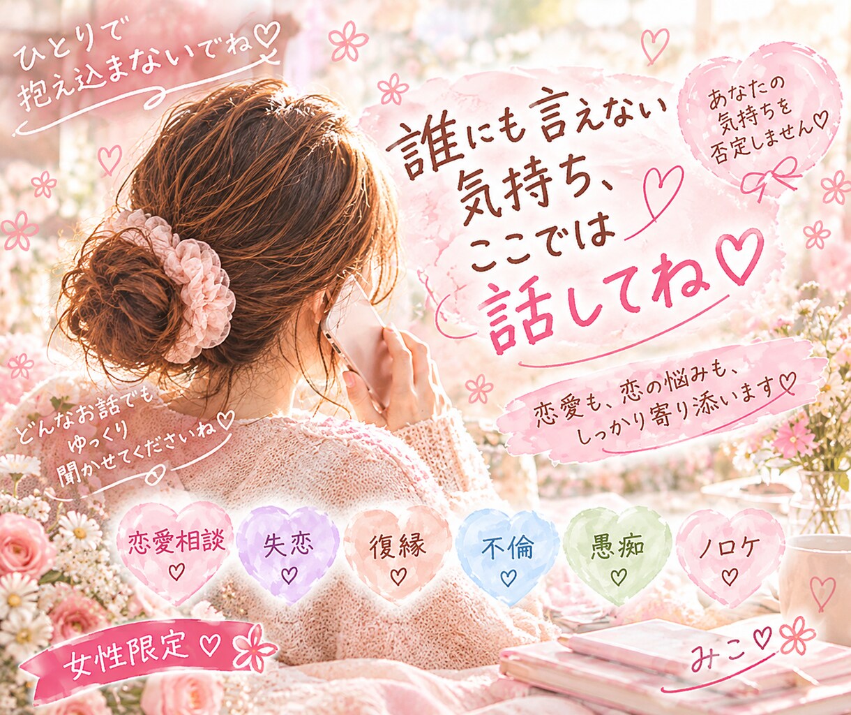 知り合いには言えない恋の話し、聞きます どんな気持ちも否定せず、まるごと受け止めます♡ イメージ1