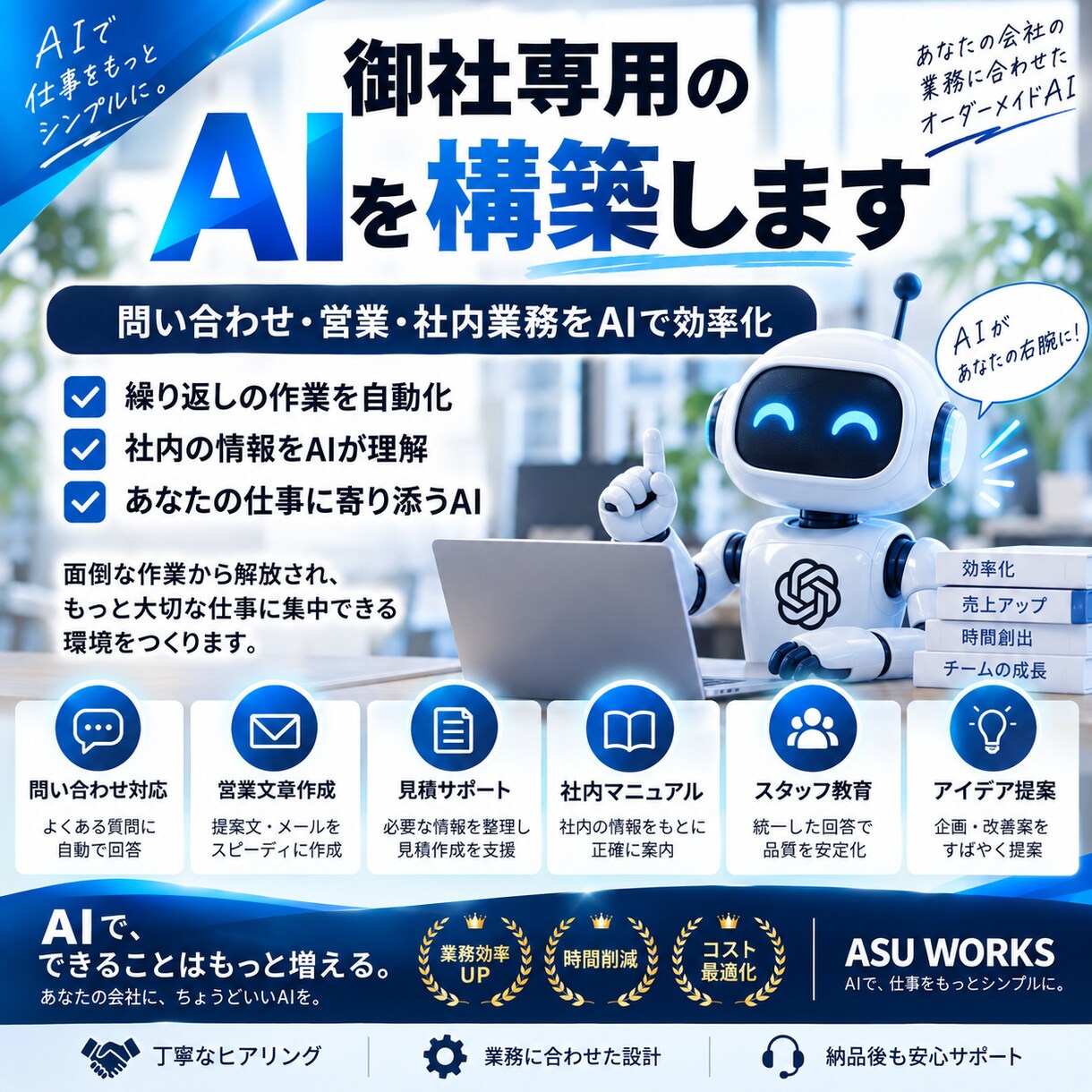 御社専用のAIを業務に合わせて構築します 問い合わせ・営業・社内業務をAIで効率化します イメージ1