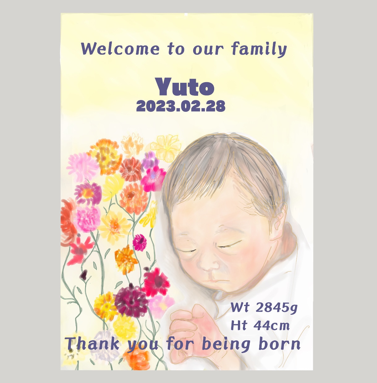 誕生花と似顔絵でオリジナル命名書を作成します 大好きな赤ちゃんに誕生花を添えて素敵な命名書を作成します！ イメージ1