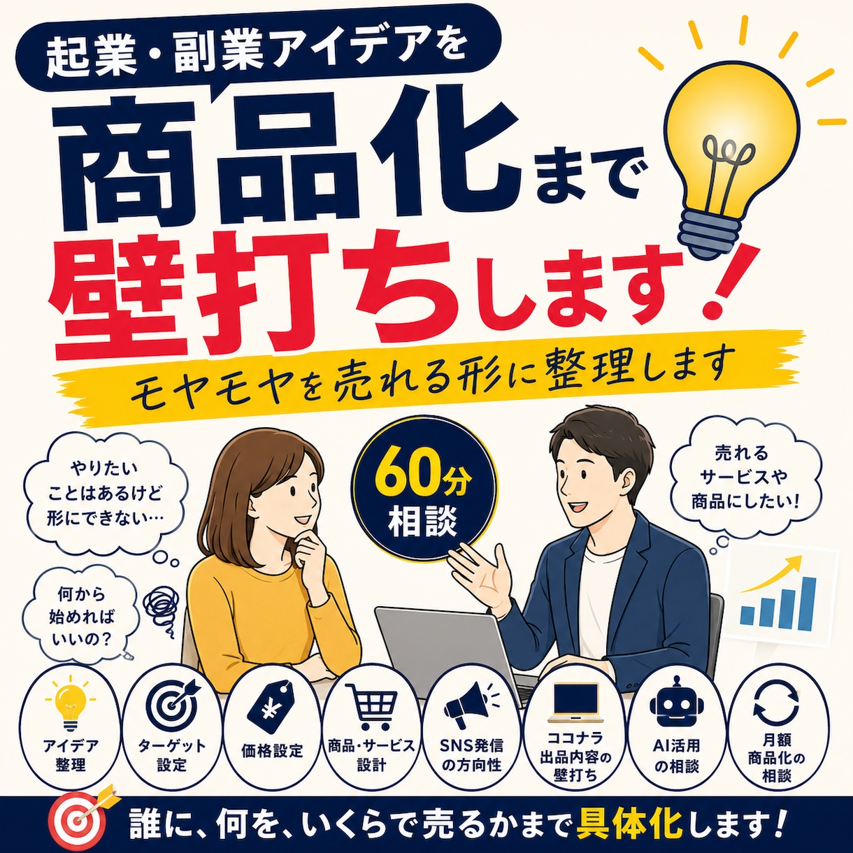 起業副業アイデアを商品化まで壁打ちします モヤモヤを売れる形に整理します イメージ1