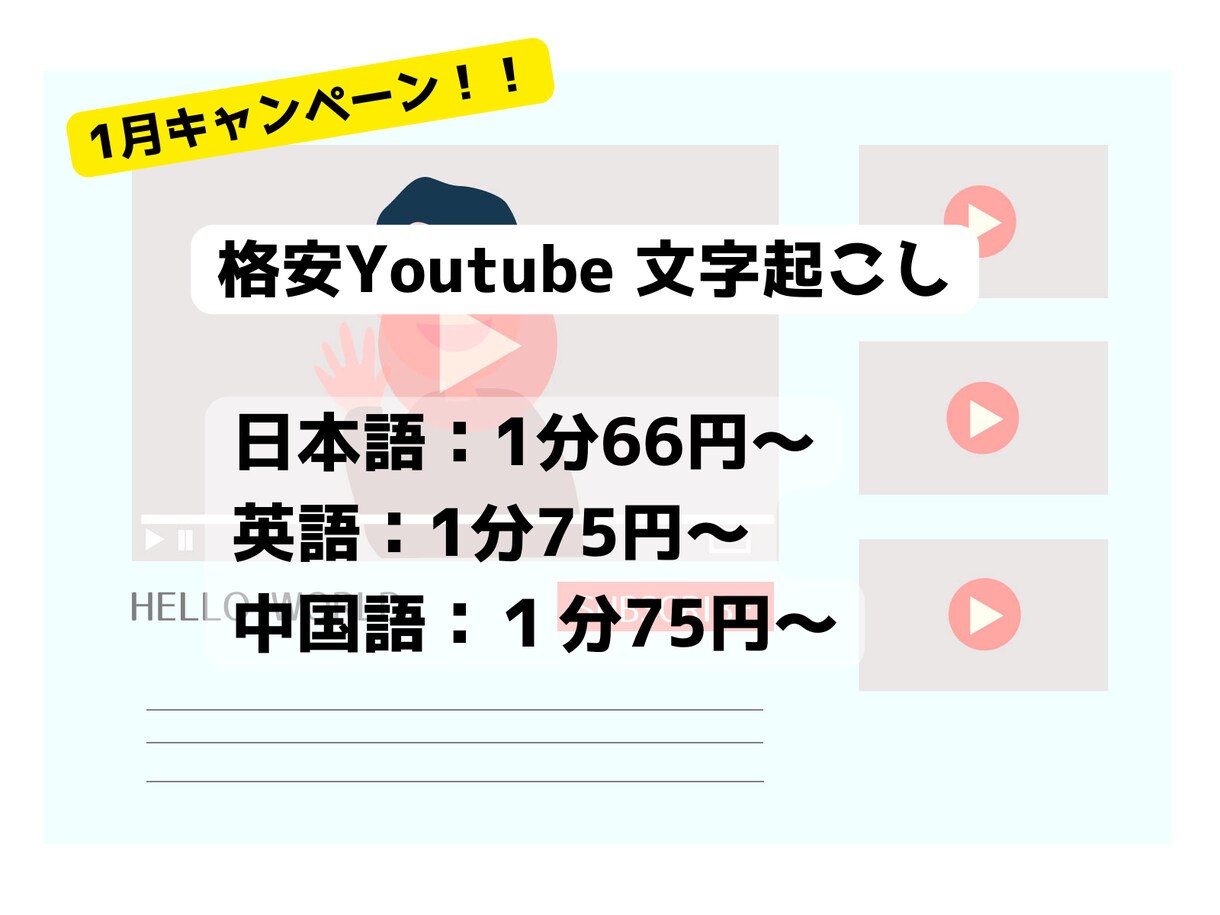1分66円~Youtubeの文字起こしを承ります 英語、中国語ももOK！ 即日納品も相談可能！ イメージ1
