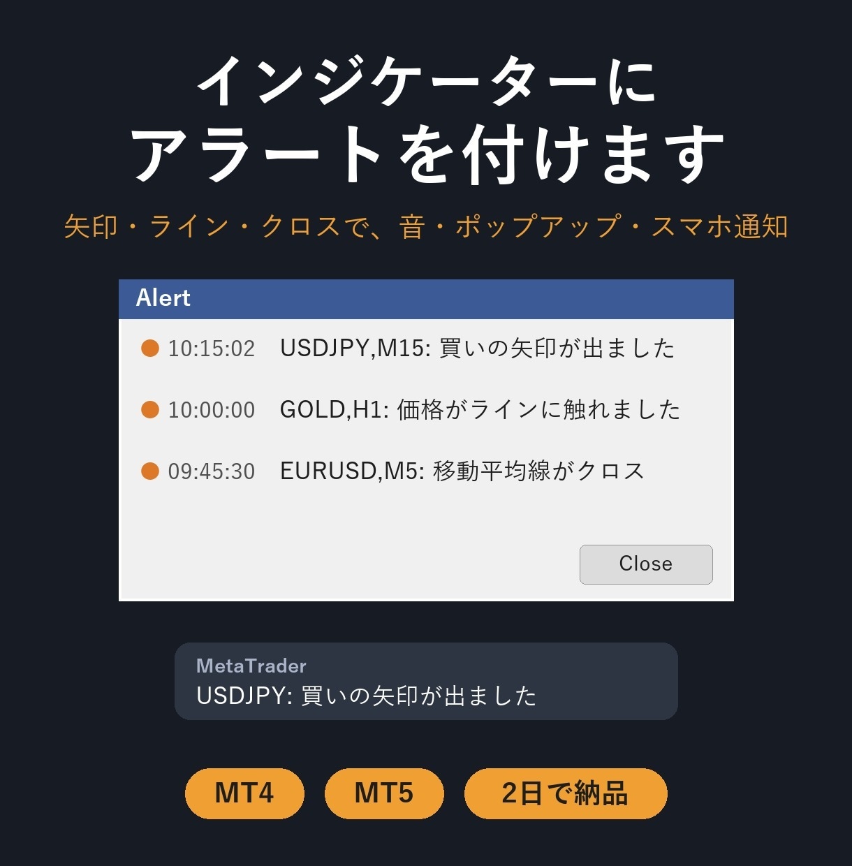 MT4・MT5インジにアラートを付けますます 矢印やラインで音・スマホ通知。見逃し防止に イメージ1