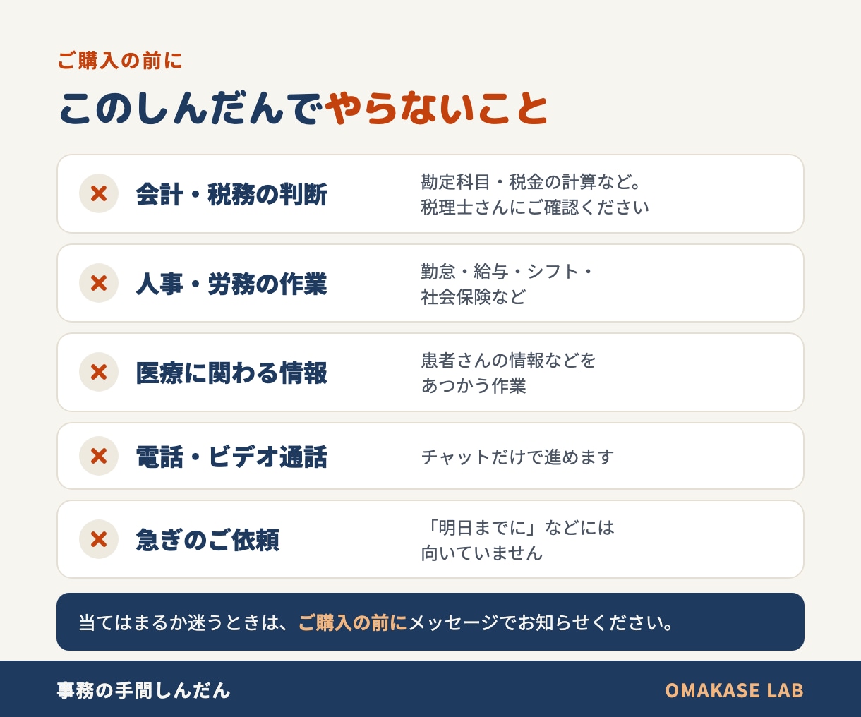 事務の手間を診断し、へらす案を3つ出します もう1人雇う前に。チャットだけで、ラクになる案を3つお届け イメージ5
