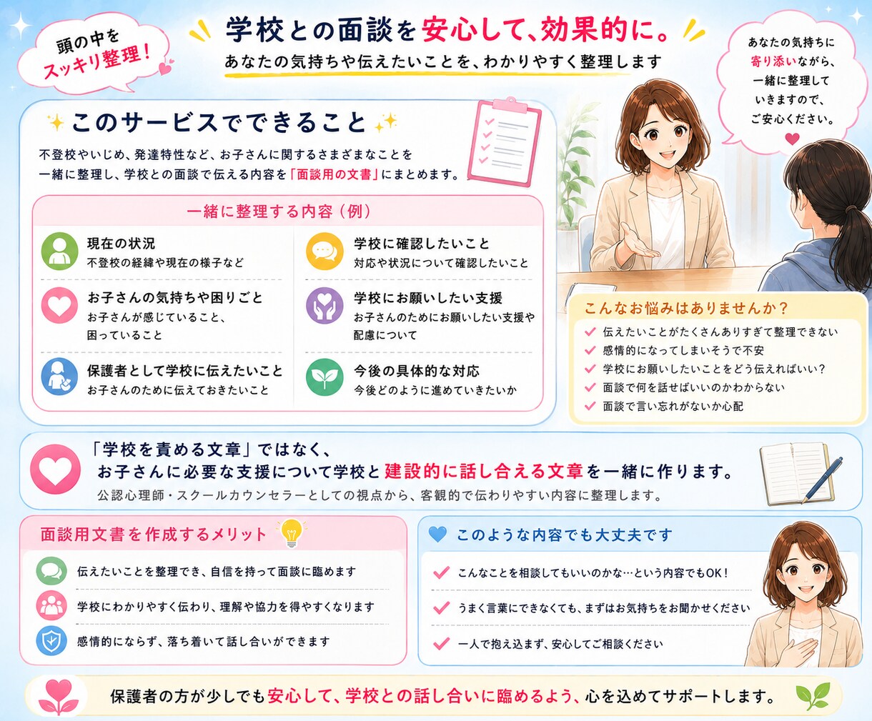 公認心理師が学校との面談内容を一緒に考えます 不登校・いじめ・発達特性等について整理し、面談用文書にします イメージ2