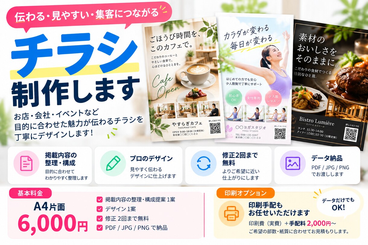 内容を整理して伝わるチラシをデザインします 掲載内容を整理し、見やすく伝わる紙面に仕上げます イメージ1