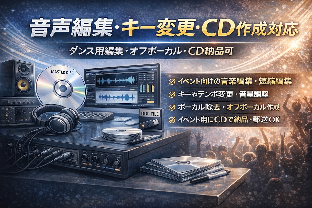 音声編集・キー変更・CD作成対応します ダンスなどのイベント用楽曲編集・オフボーカル・CD納品可 イメージ1