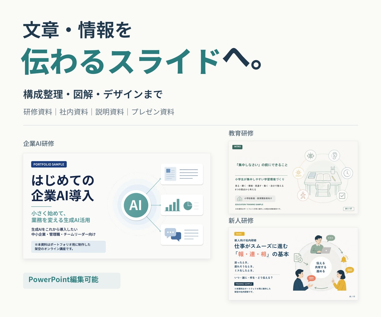 文章・情報を整理して、伝わるスライド資料を作ります 構成整理・図解・デザインまで。情報を見やすく、伝わる資料へ。 イメージ1