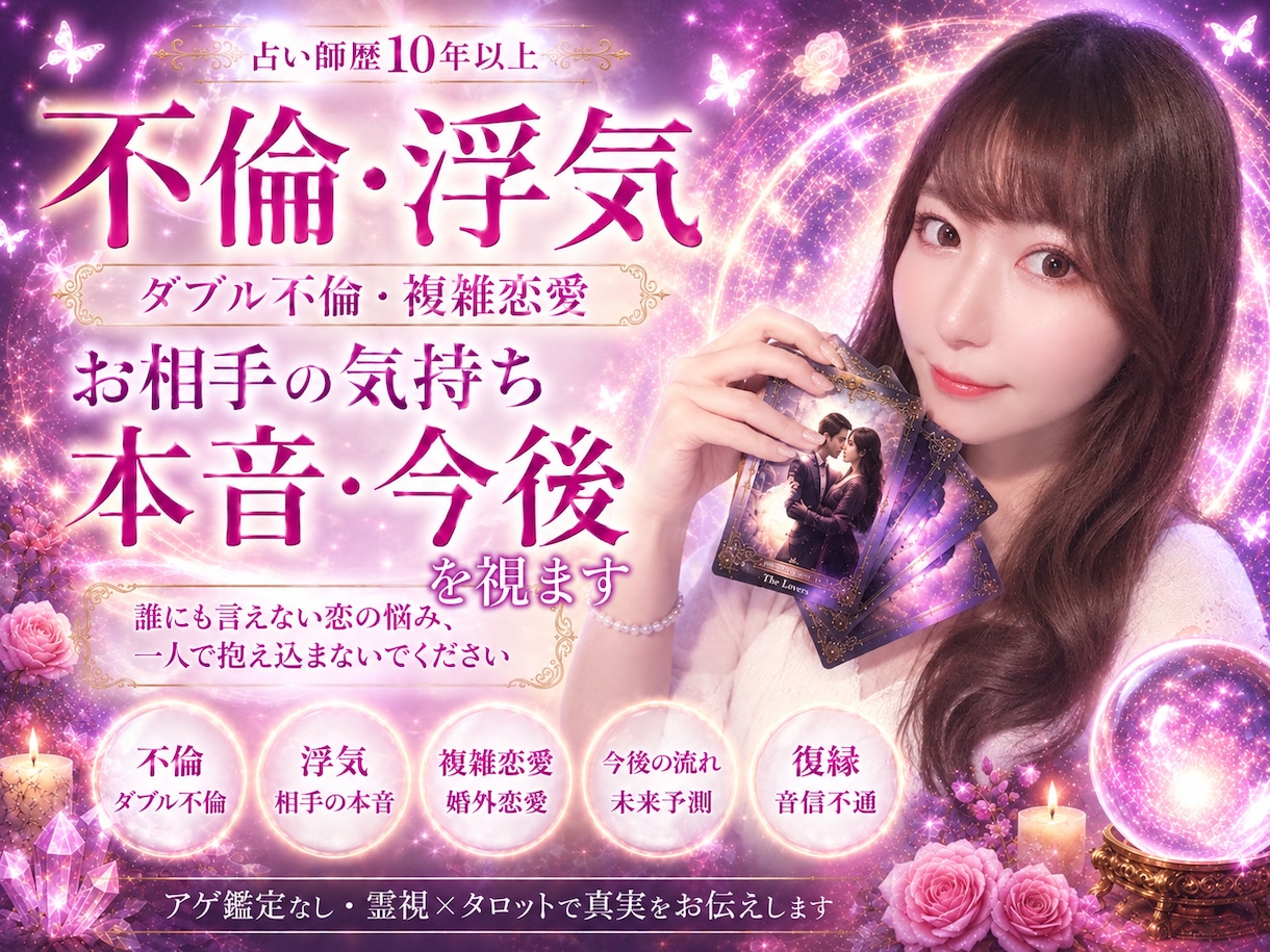 鑑定歴10年◎不倫／複雑恋愛／本音と今後を視ます 誰にも言えない恋のお悩み、一人で抱え込まないでくださいね。 イメージ1