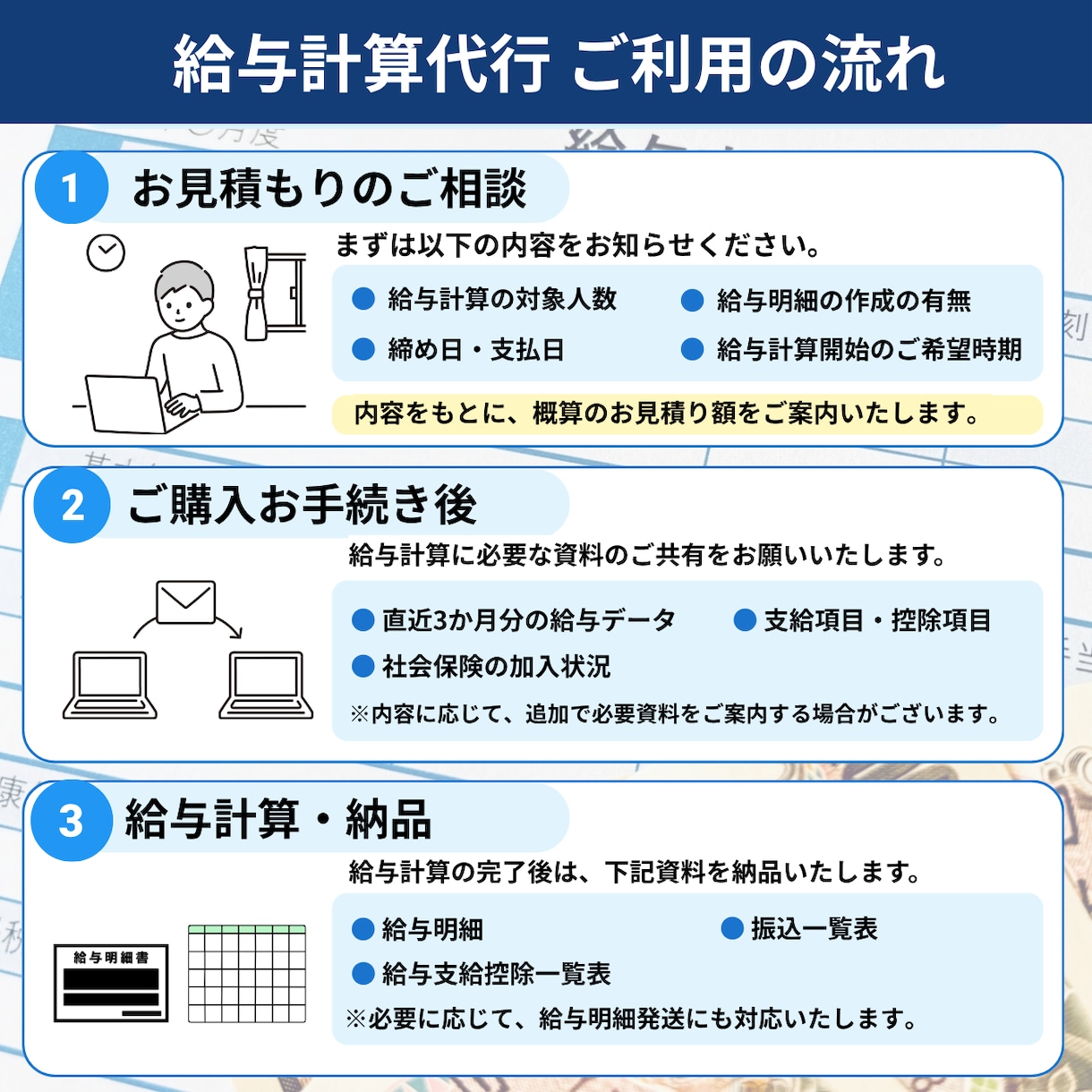 現役の会計事務職員が給与計算を代行いたします 月20社の給料計算を行う社労士がお手伝いいたします イメージ2