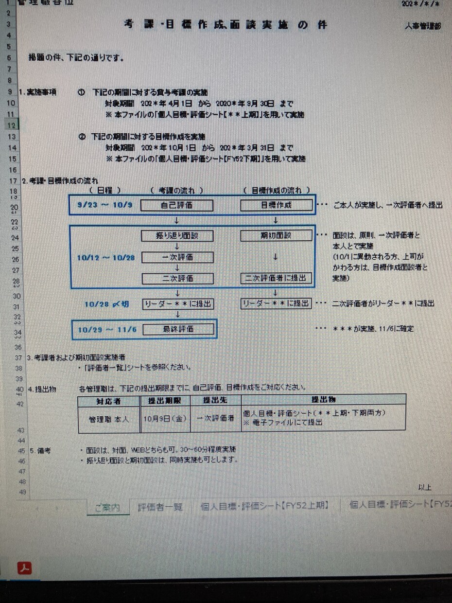 管理職目標設定、評価面談フォーマットを作成します 管理職との目標共有は重要ですね。 イメージ1