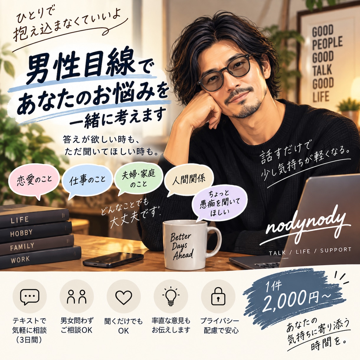 男性目線であなたのお悩みを一緒に考えます 恋愛・仕事・家庭など、友人感覚で気軽にお話しください イメージ1
