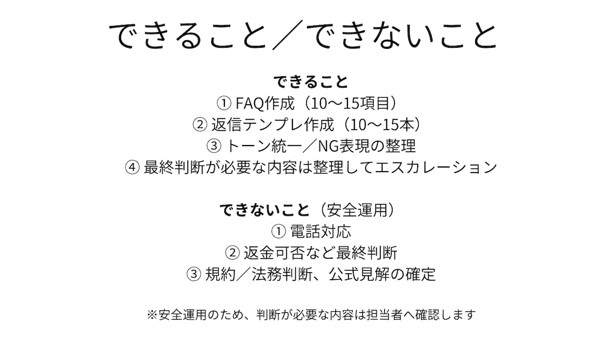 FAQ/返信テンプレ整備します FAQ＋返信テンプレ＋運用ルールで、一次対応が回る状態に。 イメージ5