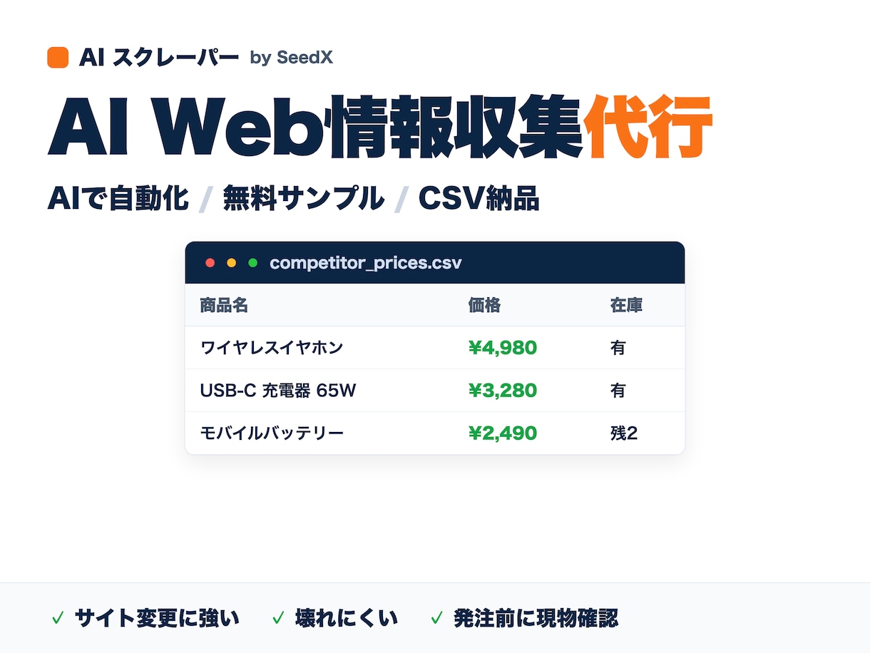 AIスクレーピングでデータ収集・リスト作成をします 発注前に無料サンプルで現物確認。CSV納品、サイト変更に強い イメージ1